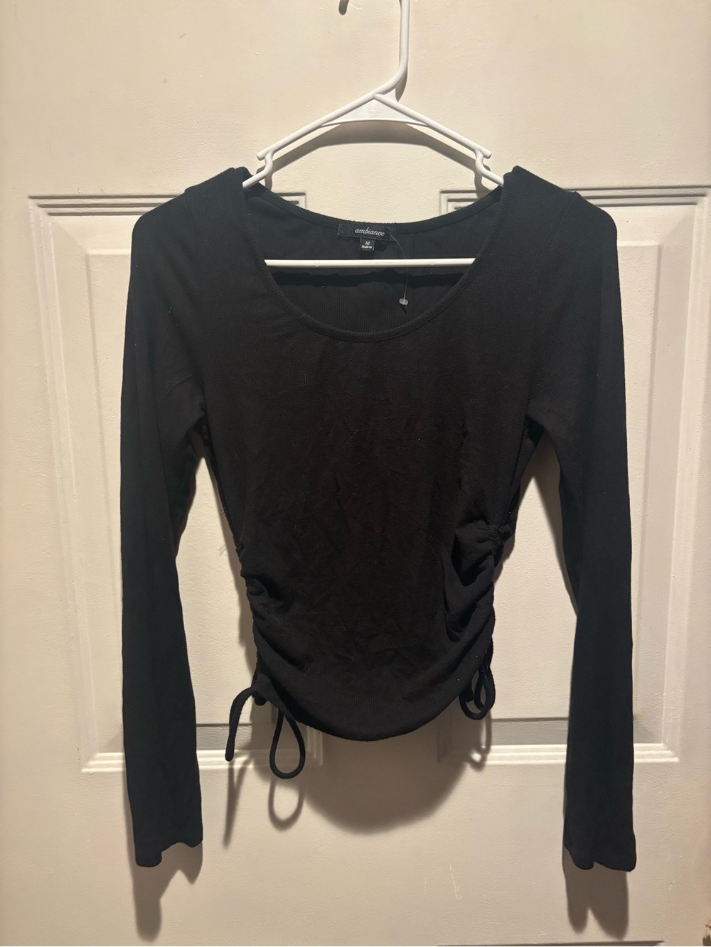 Ambiance Black Long-Sleeve Ruched Tie-Side Top